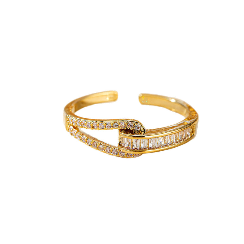 Twist Interlocked Diamond Open Ring, Adjustable 18K Gold Stackable Statement Band