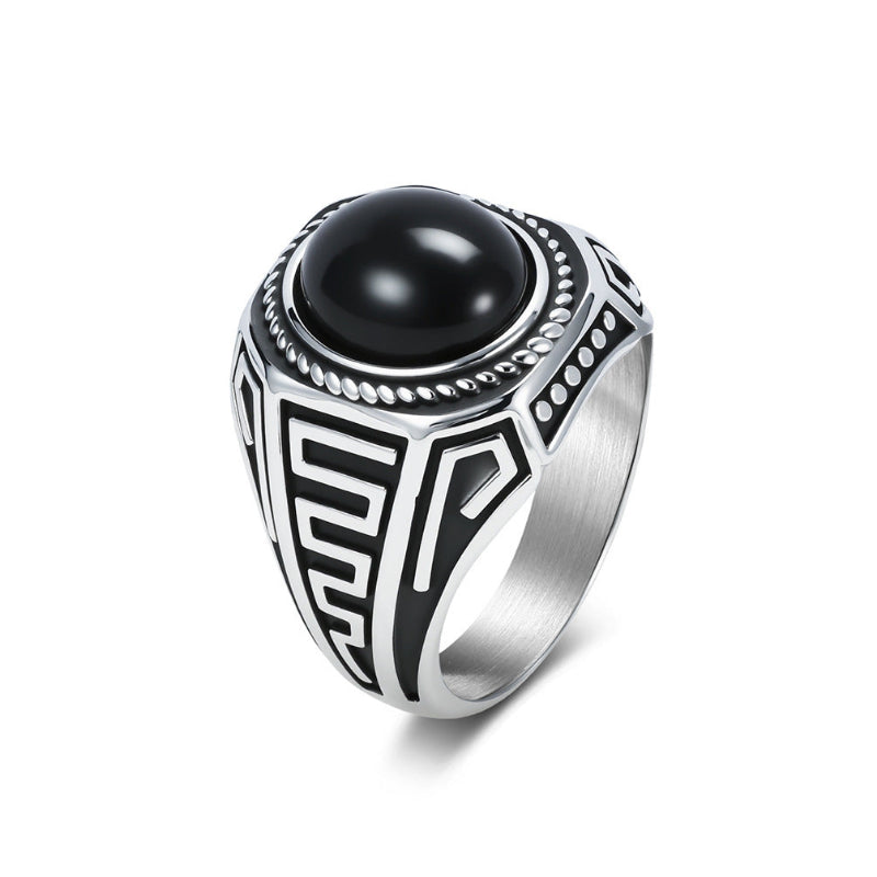 Vintage Geometric Pattern Signet Ring with Round Black Gemstone, Men’s Statement Ring