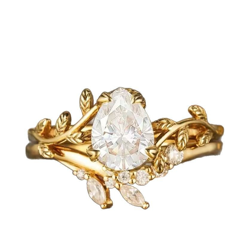 Leaf Shaped Stackable Ring Set, Elegant Teardrop Stone Matching Bands for Women