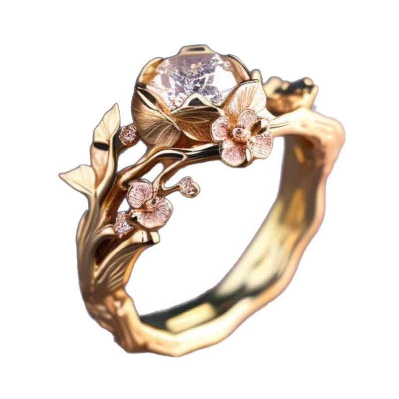 Vintage Branch Pink Diamonds Ring, Two-Tone Nature Inspired Art Nouveau Ring For Women