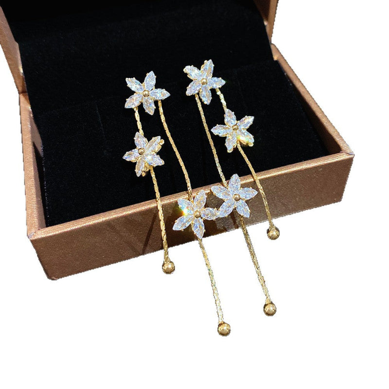 Three-Flower Diamond Long Tassel Drop Earrings, Elegant Slimming Face Chain Dangle Earrings for Women