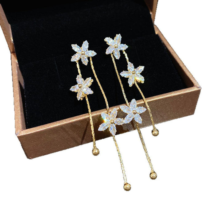 Three-Flower Diamond Long Tassel Drop Earrings, Elegant Slimming Face Chain Dangle Earrings for Women