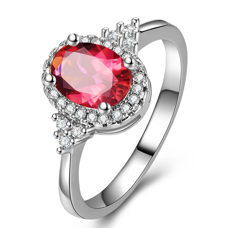 Oval red Gemstone Halo Ring, Vintage Crown Design Sparkling Diamond Accent Ladies Statement Ring