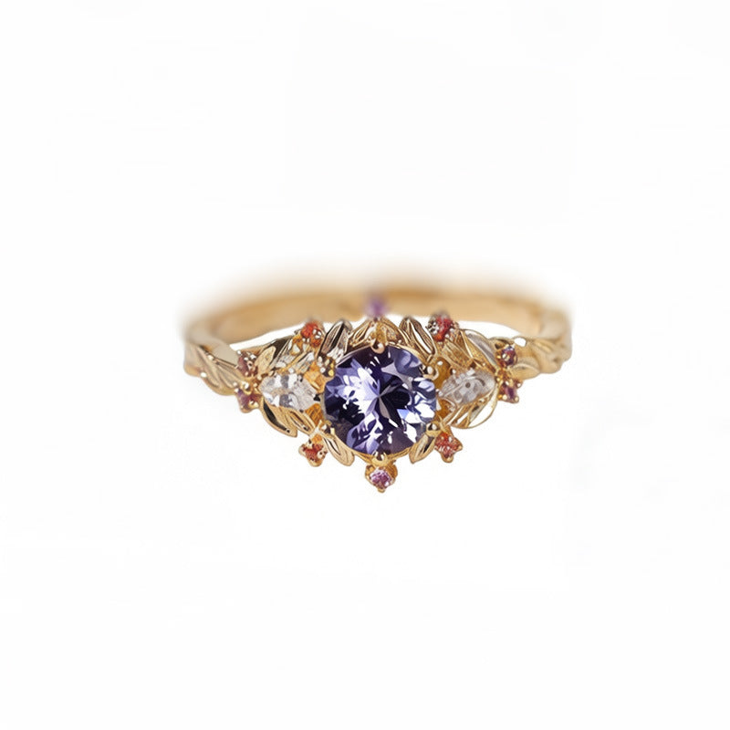 Vintage Leaf Purple Gemstone Open Ring, Elegant Adjustable Statement Ring for Women