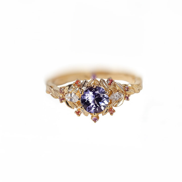 Vintage Leaf Purple Gemstone Open Ring, Elegant Adjustable Statement Ring for Women