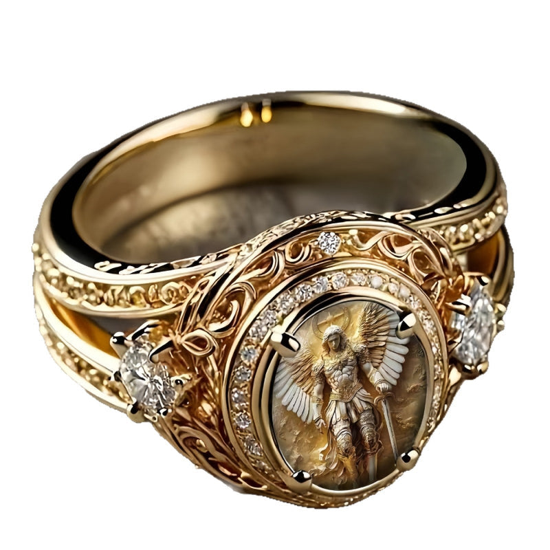 Vintage Archangel Michael Engraved Gold Ring, Ornate Filigree Diamond Statement Ring