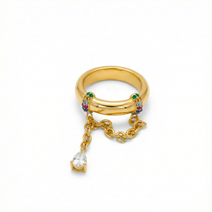 Chain Drop Teardrop Diamond Chunky Band Ring, Multi Gem Trendy Stackable Jewelry