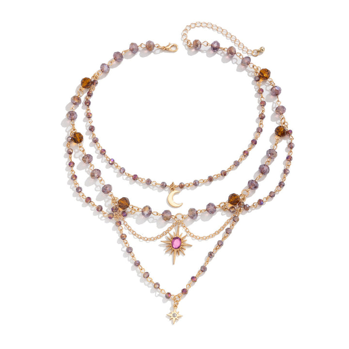 Celestial Moon Sun Star Purple Amber Bead Collarbone Necklace, Witchy Boho Stack Statement