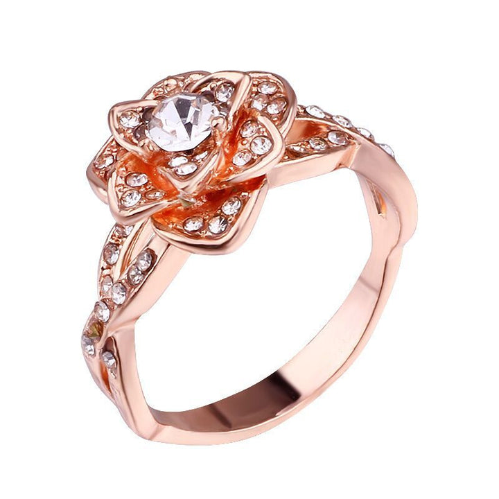 3D Sculptural Rose Flower Solitaire Ring, Pave Shank Floral Engagement Promise Ring