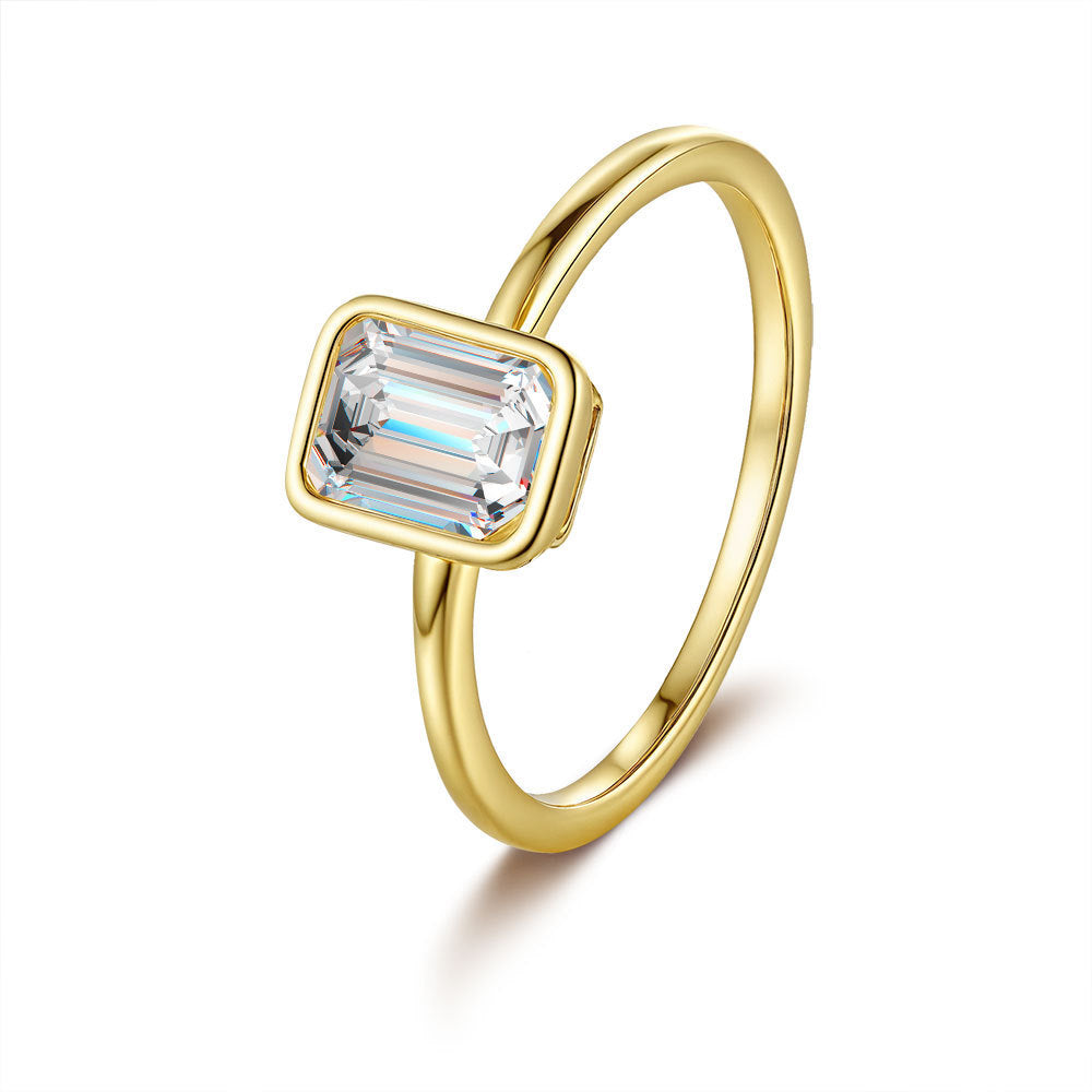 14K Gold Bezel Set Emerald Cut Gemstone Ring, Minimalist Rectangular Stone