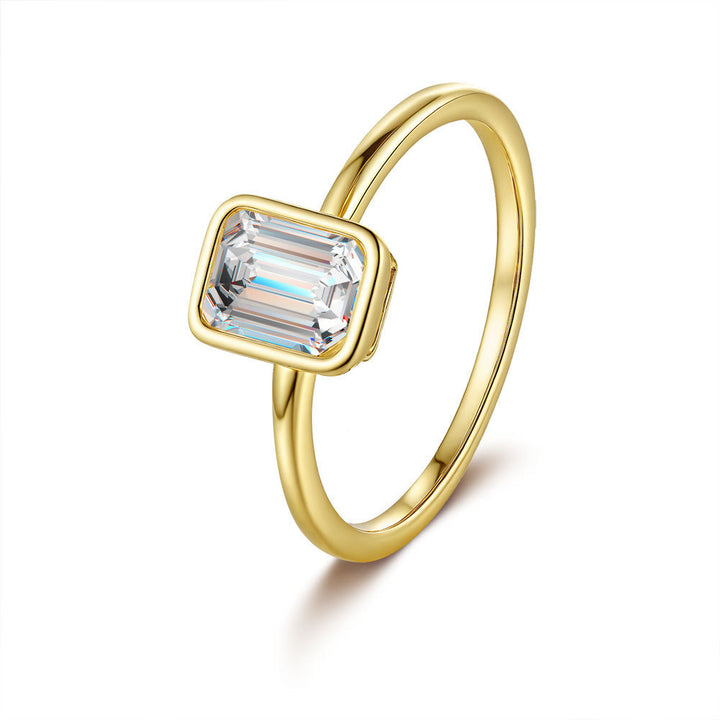 14K Gold Bezel Set Emerald Cut Gemstone Ring, Minimalist Rectangular Stone