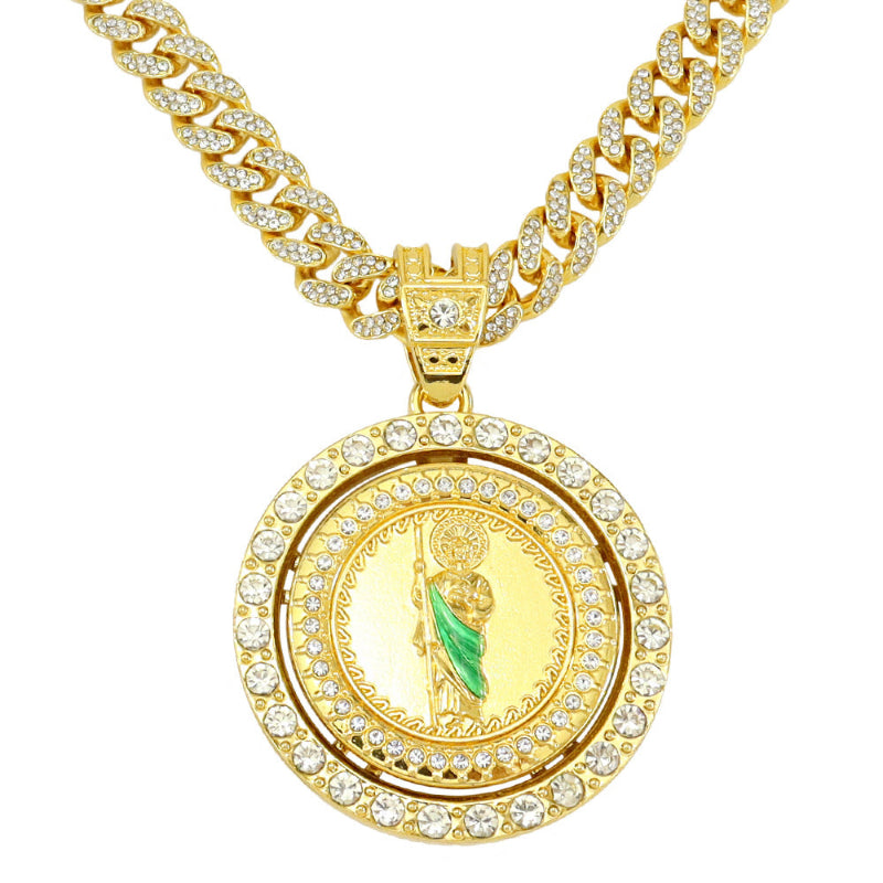 Rotatable Round Diamond Pendant Cuban Chain Necklace & Cuban Bracelet Unisex Religious Hip Hop Statement Jewelry