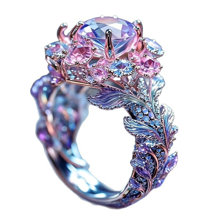 Enchanted Floral Leaf Statement Ring, Colorful Sparkling Gem Ring for Women