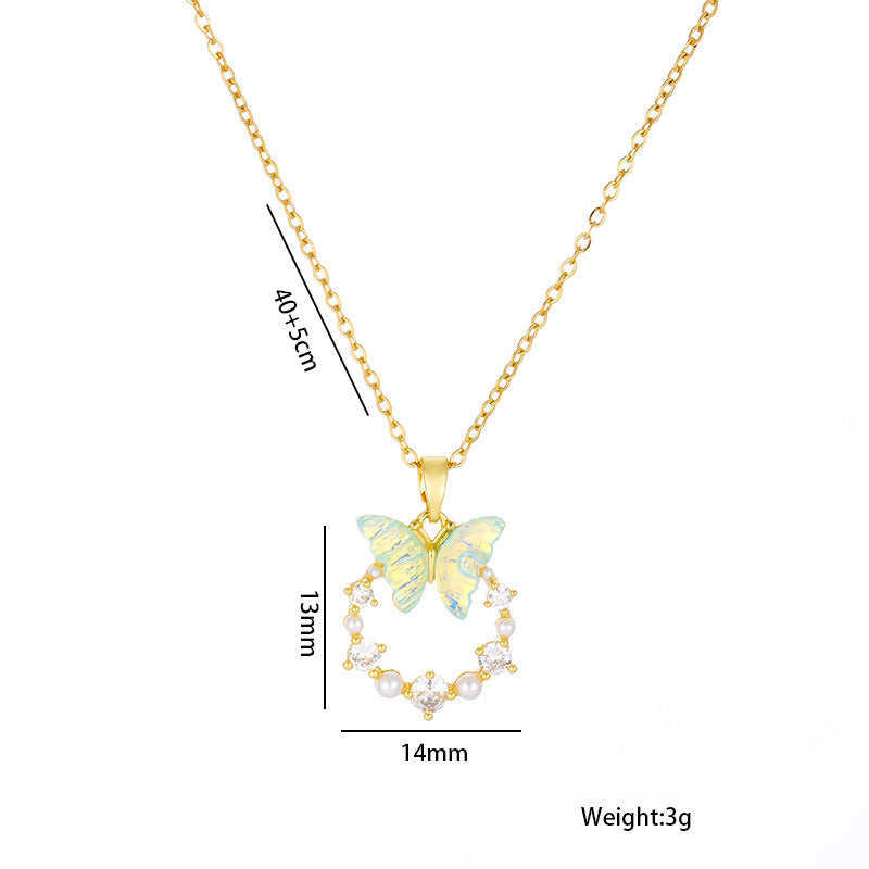 Iridescent Butterfly Wreath Pendant Necklace, Pearl & Diamond Decor Elegant Necklace For Women