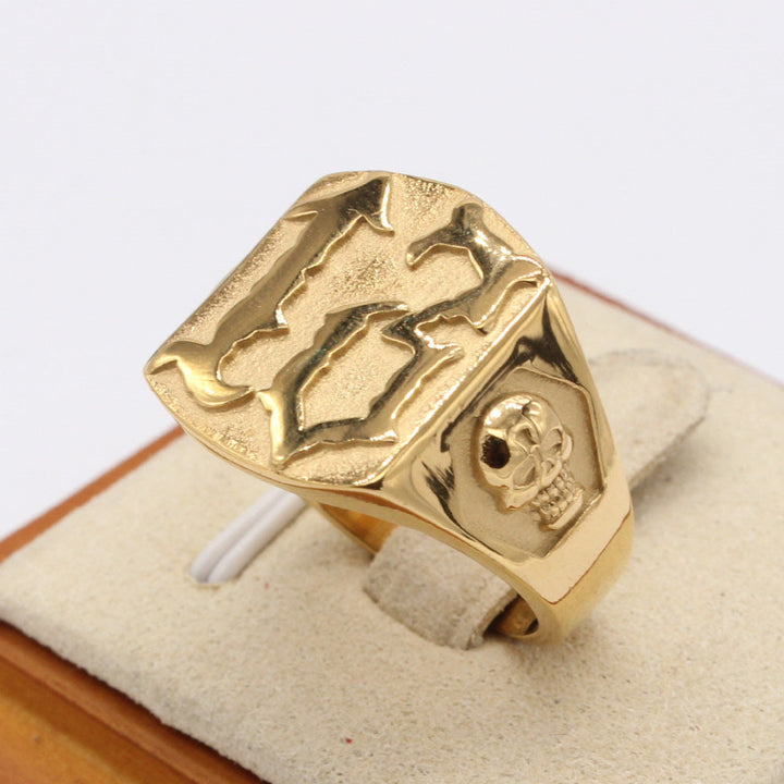 Vintage Carved Skull Side Signet Ring, Retro Biker Punk Men’s Statement Ring