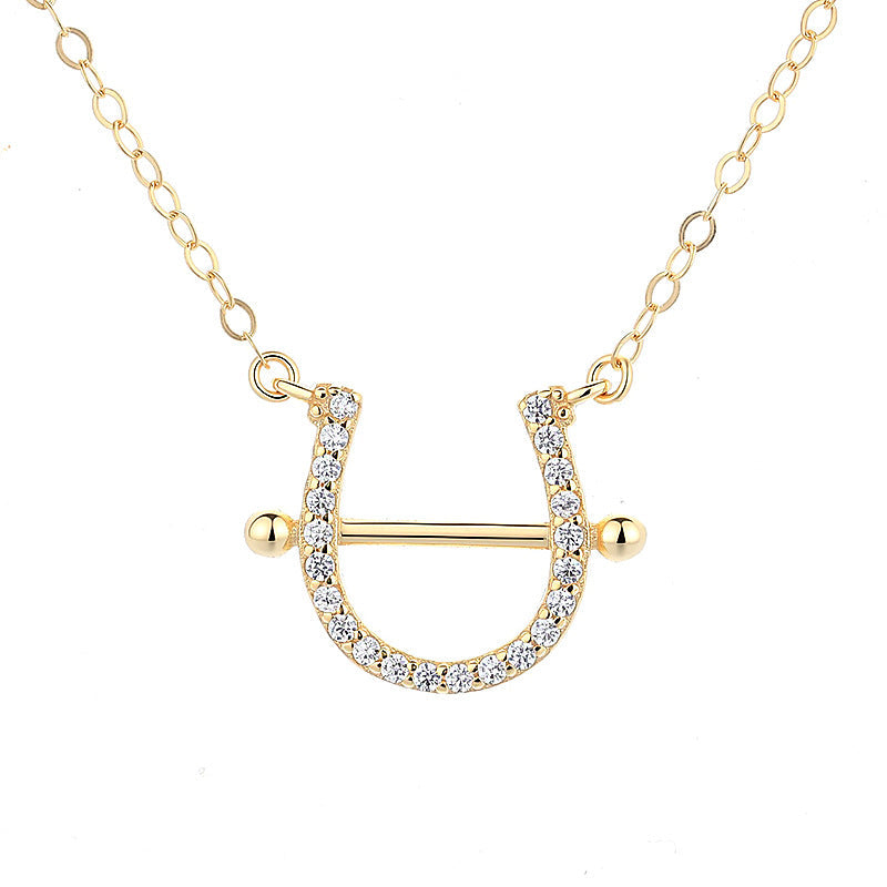 Set with diamonds Horseshoe Pendant Necklace, Gold Lucky Western Minimalist Chain