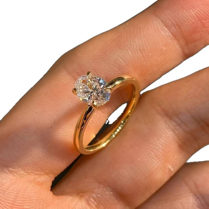 4-Prong Oval Cut Stone Solitaire Ring, 18K Gold Silver Minimal Slim Band Engagement Ring