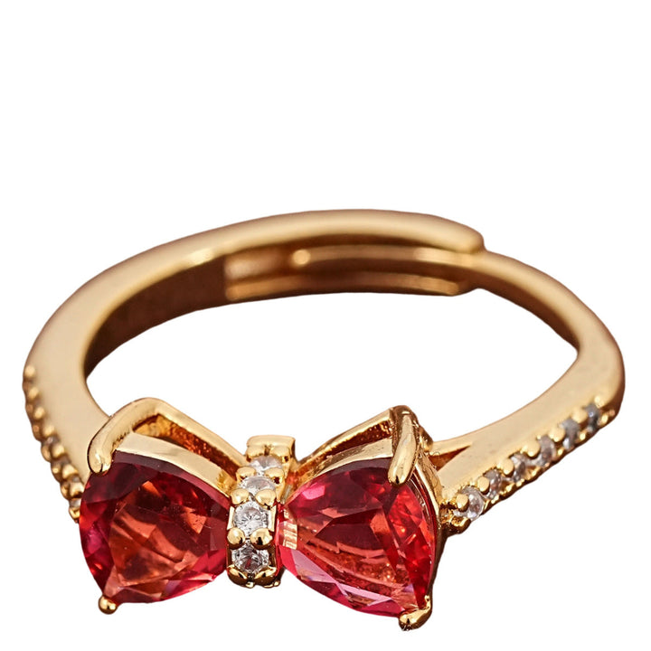 Bow‑Shaped Heart Gem & Diamond Adjustable Open Ring, Elegant Color Statement Ring for Women