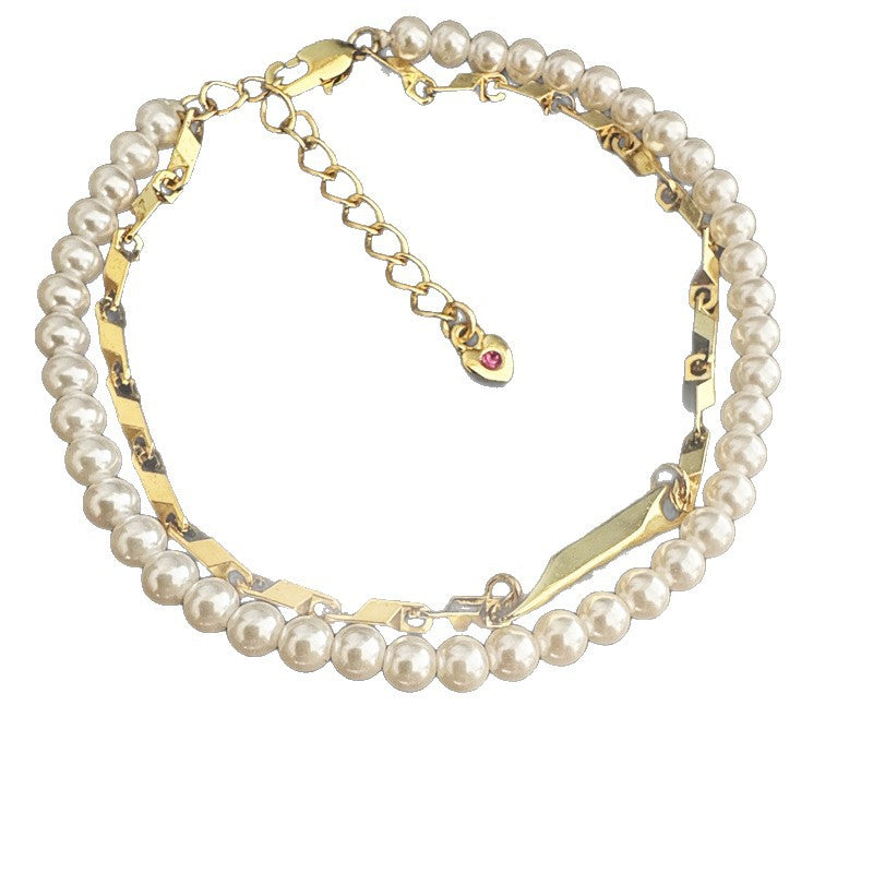 Pearl & Geometric Metal Stacked Bracelet, Heart Diamond Charm Dainty Layered Women Coquette Minimalist Wrist Jewelry