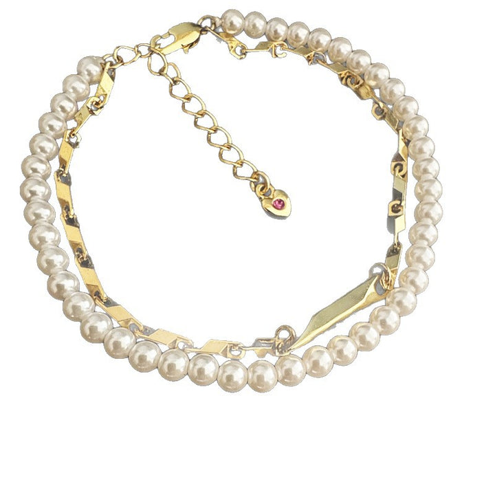 Pearl & Geometric Metal Stacked Bracelet, Heart Diamond Charm Dainty Layered Women Coquette Minimalist Wrist Jewelry