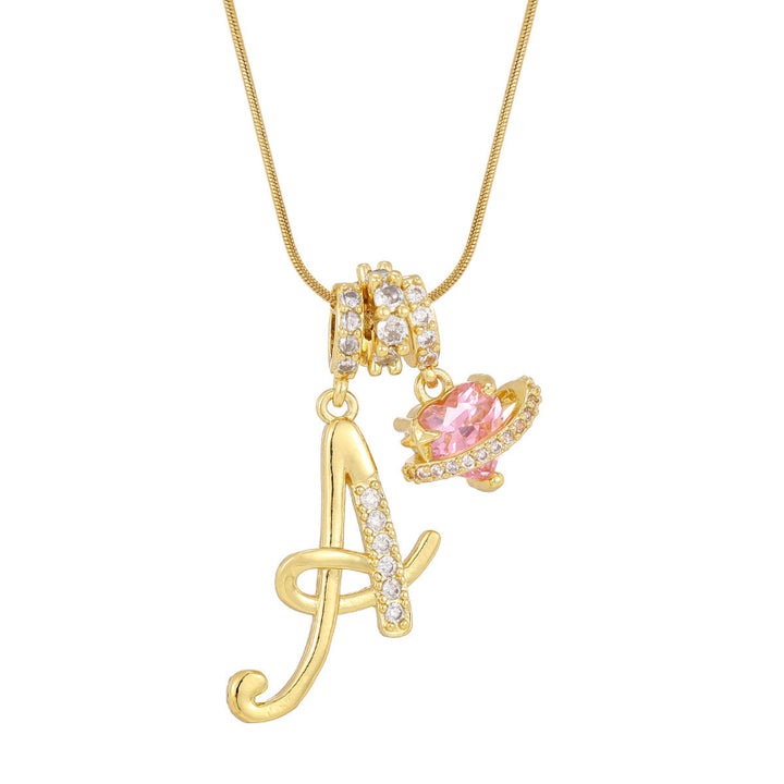 26 Letters Cursive Initial Pink Heart Planet Charm Gold Snake Chain Necklace