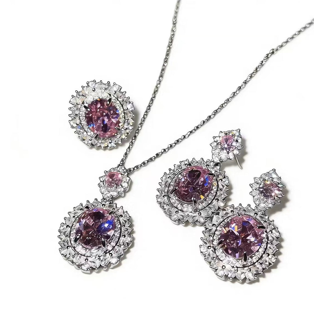 Oval Cut Gemstone Jewelry Set, 3Pcs Necklace Earring Ring Set, Luxury Statement Jewelry for Women