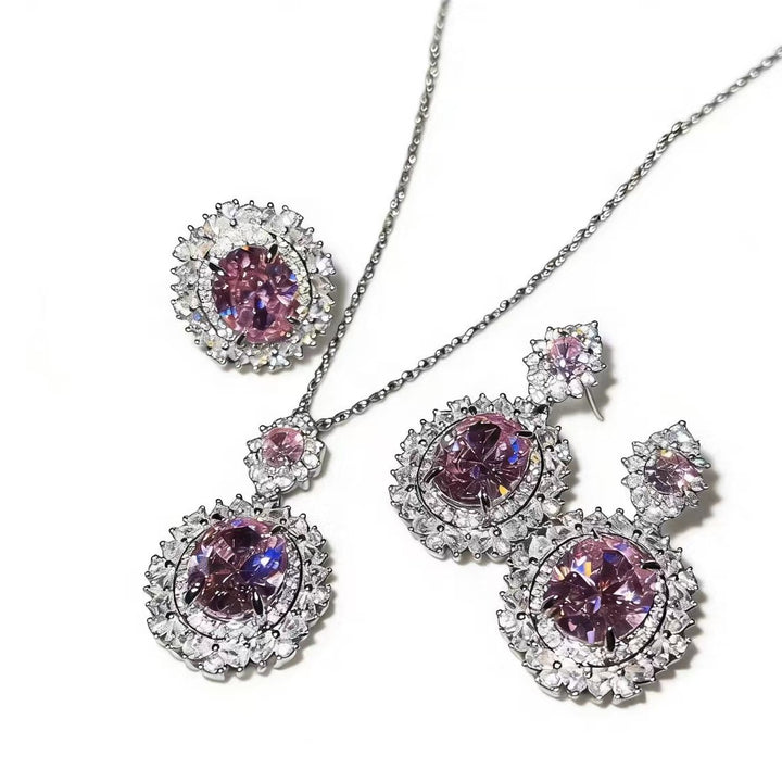 Oval Cut Gemstone Jewelry Set, 3Pcs Necklace Earring Ring Set, Luxury Statement Jewelry for Women
