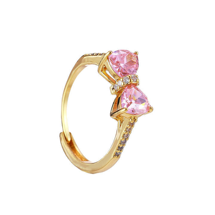Bow‑Shaped Heart Gem &amp; Diamond Adjustable Open Ring, Elegant Color Statement Ring for Women