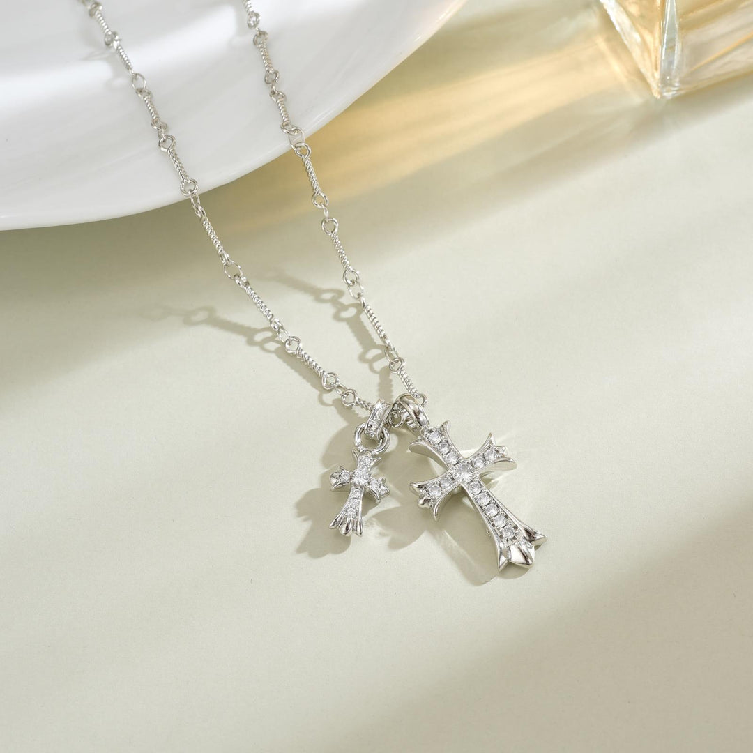 Double Cross Pendant Diamond Necklace, Versatile Statement Sweater Necklace, Trendy Gift for Women Men
