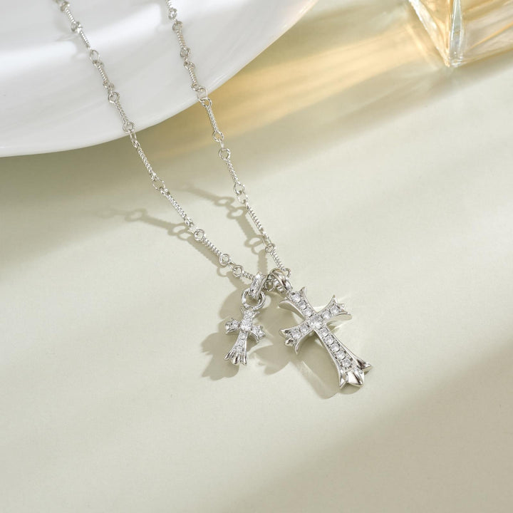 Double Cross Pendant Diamond Necklace, Versatile Statement Sweater Necklace, Trendy Gift for Women Men