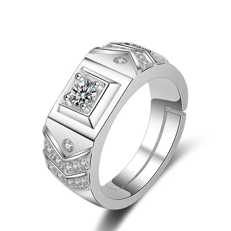 Geometric Square Center Diamond Men’s Adjustable Ring, Wide Band Statement Ring