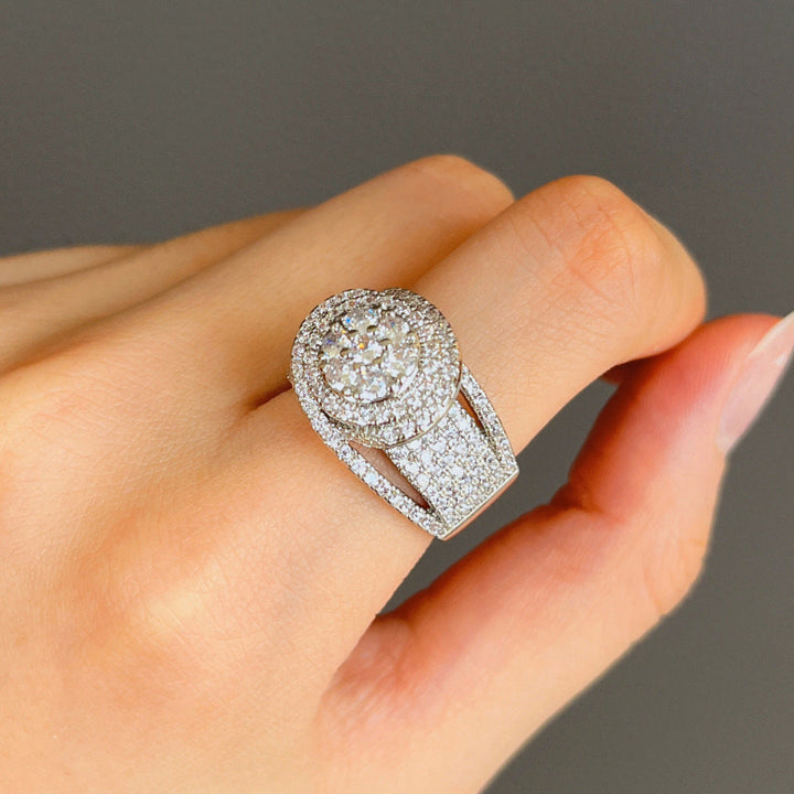 Double Halo Full Paved Stone Wide Ring, 18K Gold Silver Two Tone Statement Band