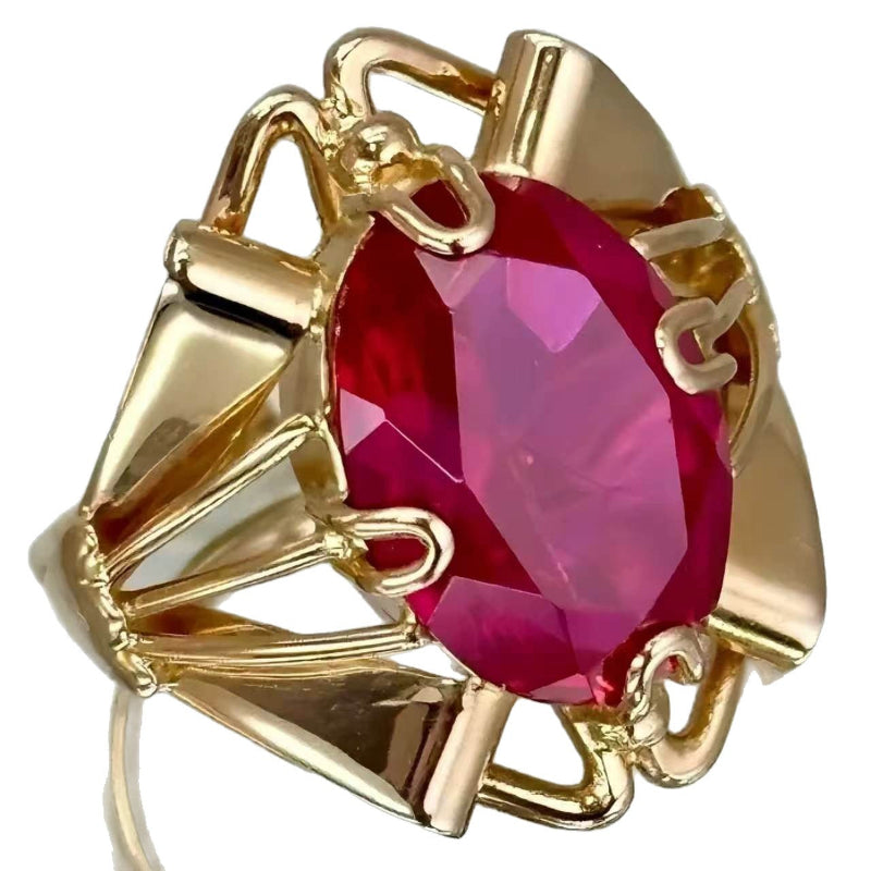Oval Cut Rich Red Gemstone Ring, Bold Open‑Work Gold‑Tone Statement Ring for Men