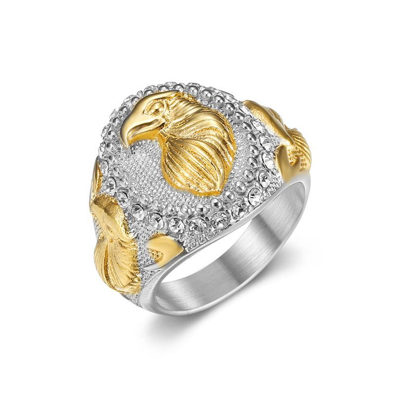 Carved Eagle Head Signet Ring, Pave‑Set Diamond Halo Men Statement Ring, Two Finish Options