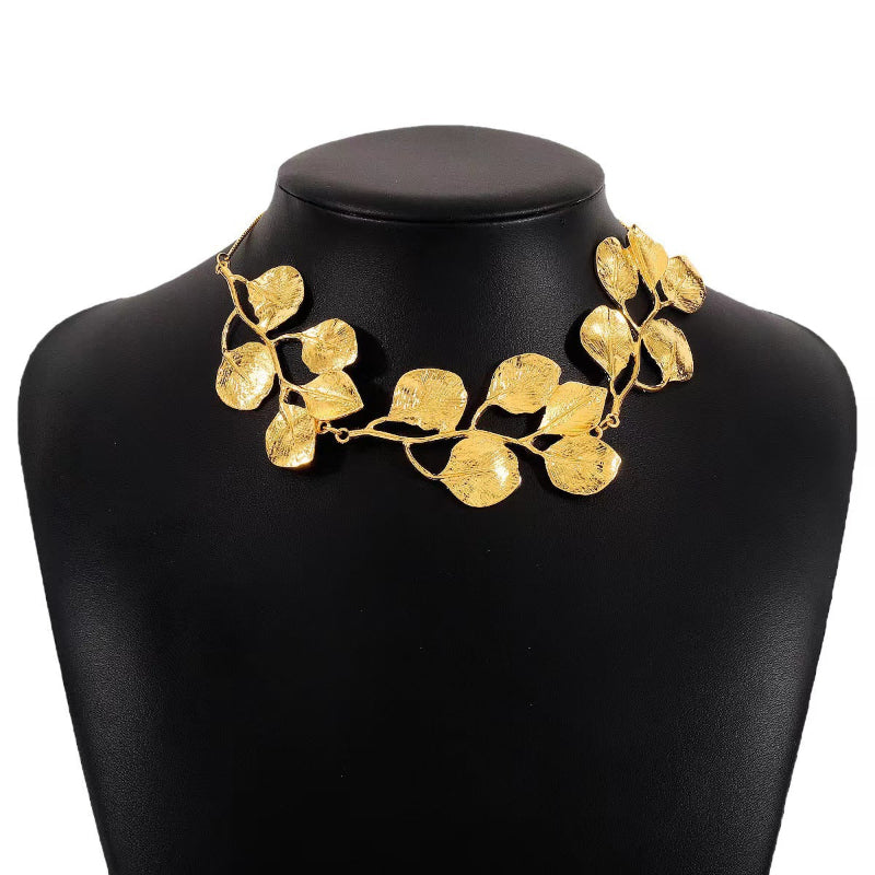 Textured Golden Leaf Vine Bib Choker, 18K Gold Nature Statement Collarbone Necklace