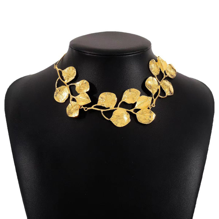 Textured Golden Leaf Vine Bib Choker, 18K Gold Nature Statement Collarbone Necklace