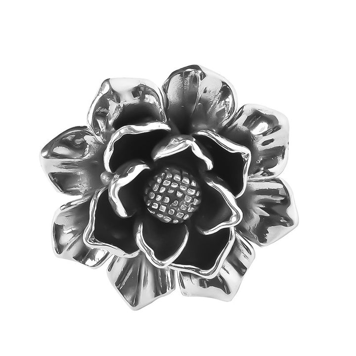Vintage Silver 3D Sculpted Flower Statement Ring, Adjustable Floral Gothic Stackable Band