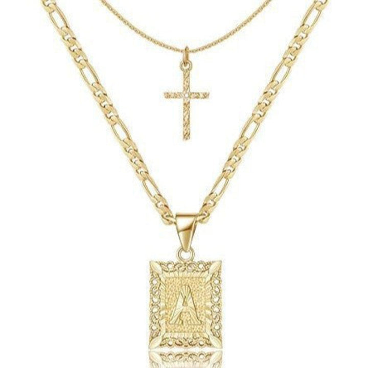 Stacked A-Z Initial Cross Diamond Necklace, Figaro & Thin Cable Chain Personalized Hip Hop Faith Statement Jewelry
