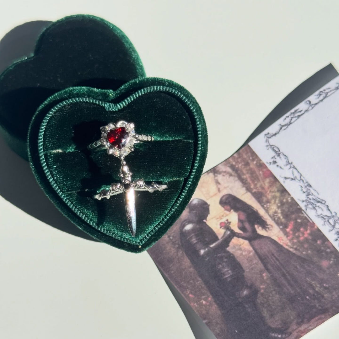 Gothic Heart Gem 2-in-1 Open Ring, Sword Design Twisted Band Rings, Dark Romantic Rings for Couple