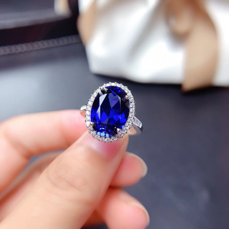 Oval Royal Blue Gemstone Adjustable Open Ring, Sparkling Pave‑Set Diamond Women’s Cocktail Ring
