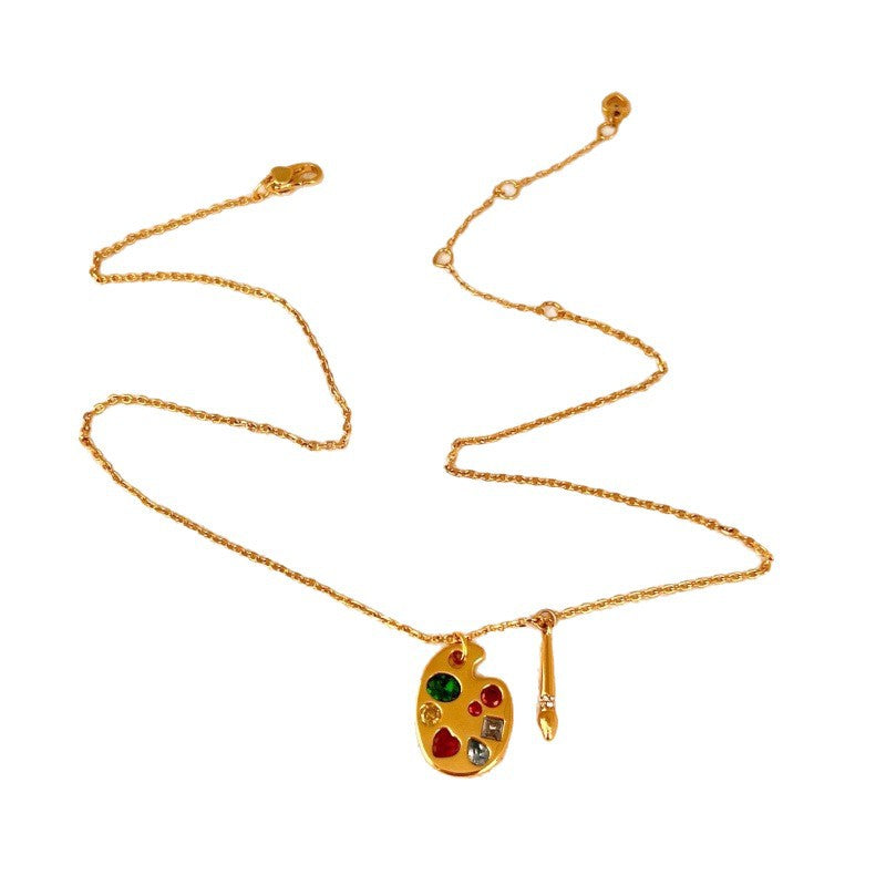 Artist Palette Paintbrush Pendant Necklace, Colorful diamonds 18K Gold Dainty Chain