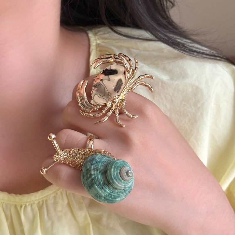 2 Styles Ocean Animal Sculpted Statement Ring, 18K Gold Crab & Natural Shell Snail