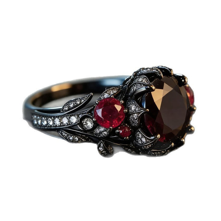 Dark Floral Multi‑Gemstone Gothic Statement Ring, Two-Tone Vintage Floral Ring
