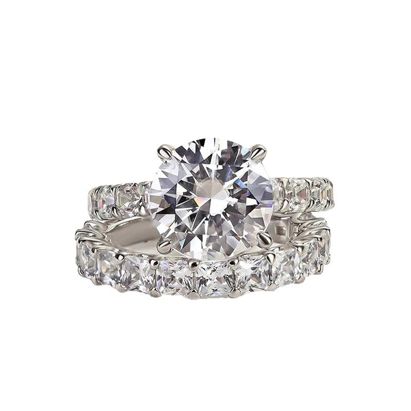 4 Prong Round Solitaire Double Row Baguette Split Shank Stackable Silver Bridal Wedding Ring
