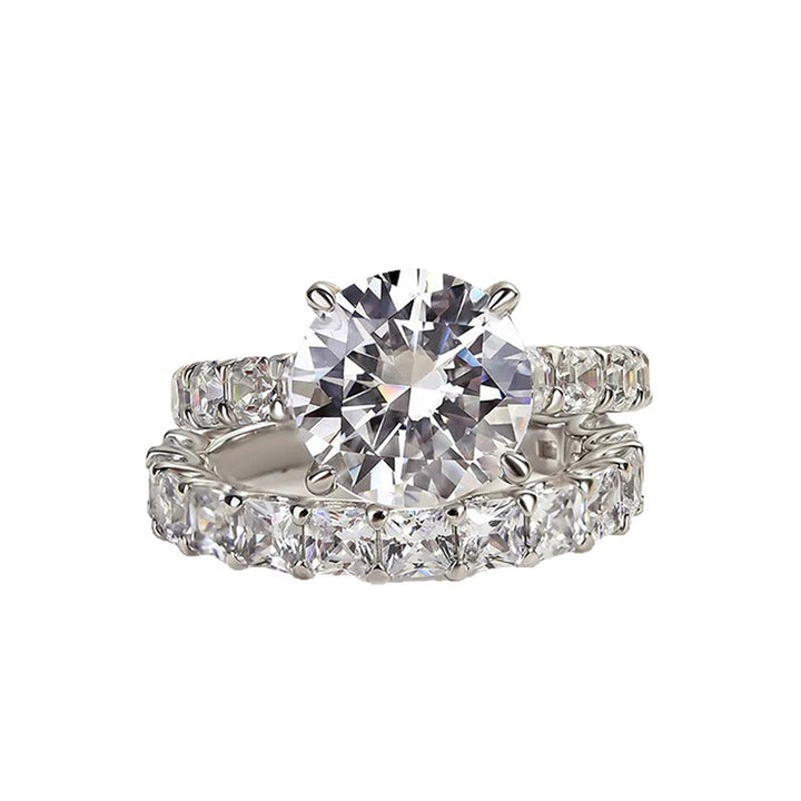4 Prong Round Solitaire Double Row Baguette Split Shank Stackable Silver Bridal Wedding Ring
