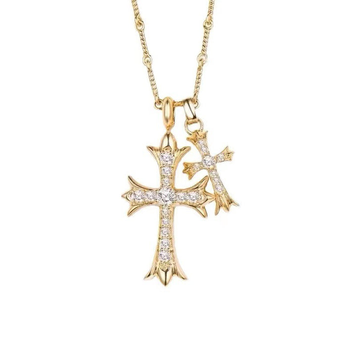 Double Cross Pendant Diamond Necklace, Versatile Statement Sweater Necklace, Trendy Gift for Women Men