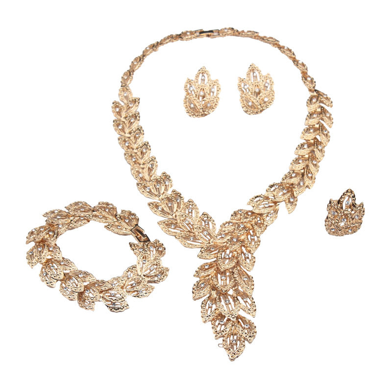 Vintage Leaf Diamond Bridal Jewelry Set, Formal Wedding Statement Accessory Kit