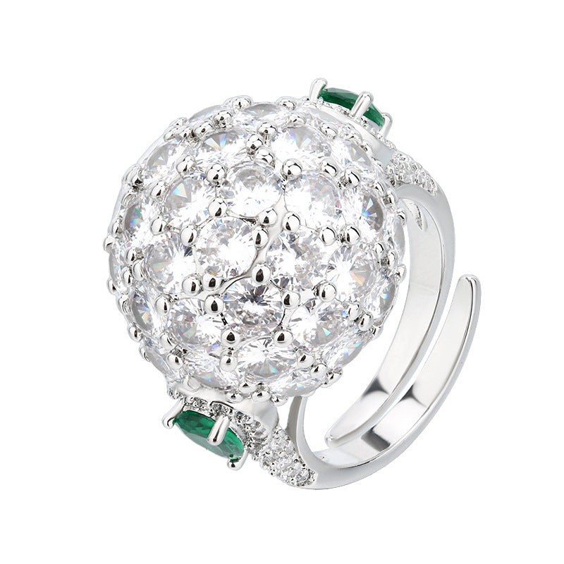 3D Sphere Full Pave Diamond Open Ring, Emerald Accent Luxury Adjustable Cocktail Band