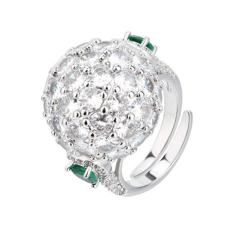 3D Sphere Full Pave Diamond Open Ring, Emerald Accent Luxury Adjustable Cocktail Band