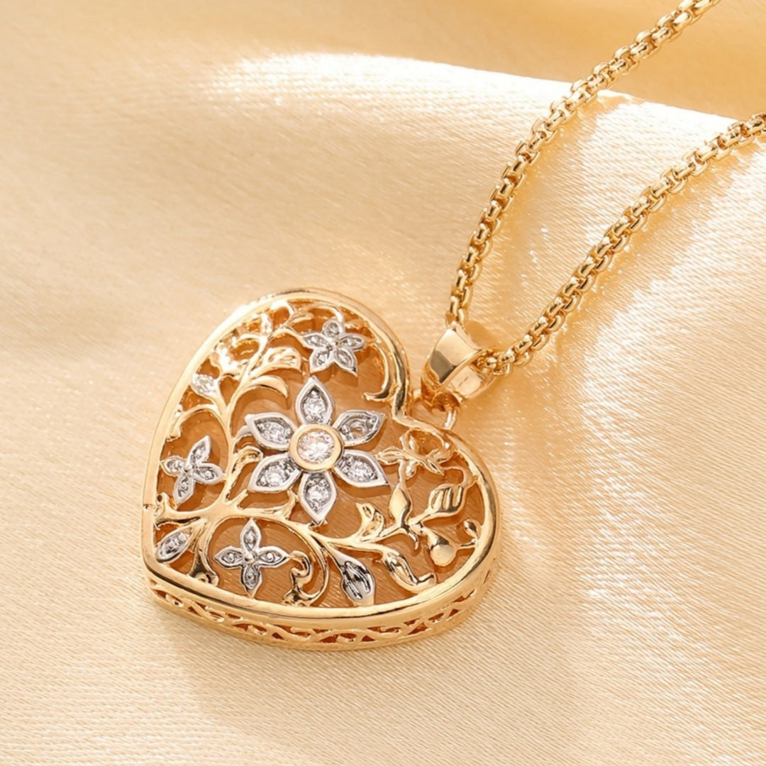 14K Gold Openwork Heart Diamond Pendant Necklace, Vintage Floral Filigree Necklace